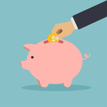 Hand puts coins in a piggy bank. Flat design vector illustration.	