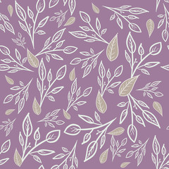 Fototapeta premium seamless floral pattern with white branches and leaves on pink background. Doodle. Fashion print. Packaging, wallpaper, textile, fabric design