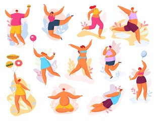 Plus size happy dancing people vector illustration set. Fat man woman, cartoon big size curvy smiling character flying, jumping, meditating creative dance pose. Active lifestyle, body positive concept