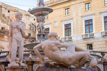 Statues of Praetorian Fountain located on Pretoria Square also known as Square of Shame in Palermo, Sicily Island in Italy