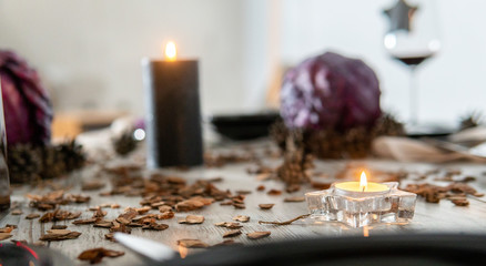 Beautiful table setting with lavender flowers on wooden background