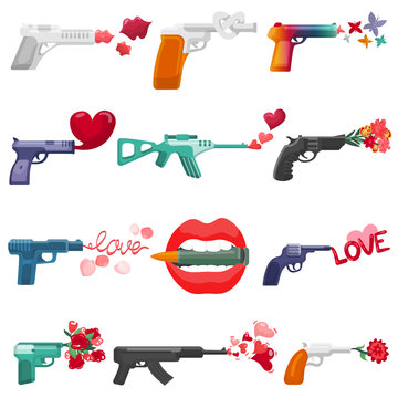 Gun flowers and love symbols vector illustrations. Cartoon weapon producing loving word gunshot, red hearts, lovely flowers, butterfly bullets. Make love not war, peace concept. Isolated icon set