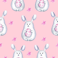 Easter cute fluffy bunnies with decorative eggs seamless pattern. Hand drawn watercolor pretty grey rabbit isolated on pink background. Flat design for Easter posters, gift paper, wallpaper, card.