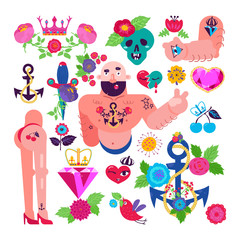 Old school tattoo set vector illustrations. Flat cartoon comic tattooed people, tattooing art on woman and man body part, human skull with flower, anchor, crown, dagger and broken heart isolated icons