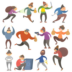 Thief, robber characters set vector illustrations. Cartoon comic criminal male burglar in mask, thief man commit robbery in different poses, dangerous sneaking people, thieve actions flat isolated set