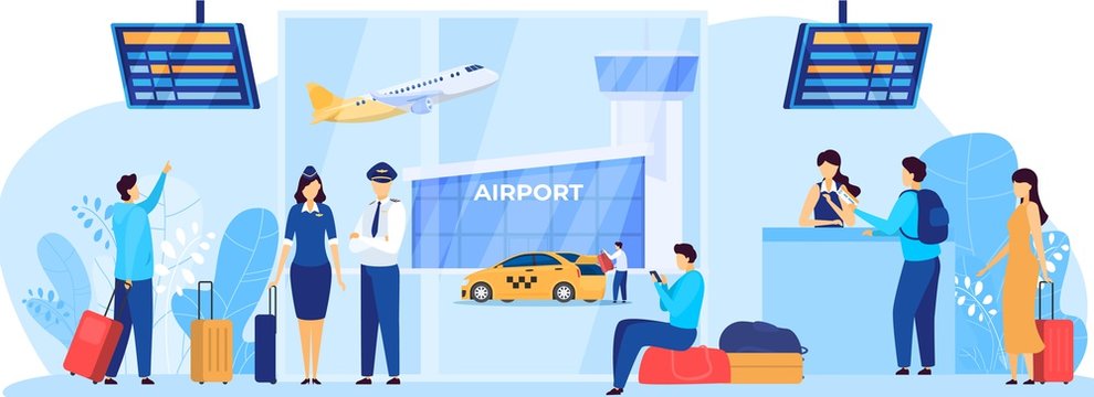 Airport services, flight crew and passengers, vector illustration. People waiting for airplane departure, flight attendant cartoon character. Men and women airline passengers with baggage at terminal