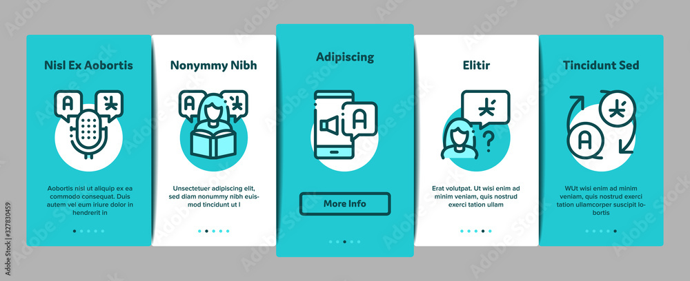 Poster interpreter translator onboarding mobile app page screen vector. interpreter in smartphone and web s