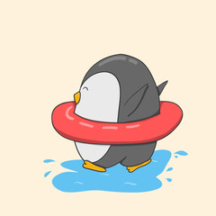 Funny cartoon penguin runs to the ocean.
