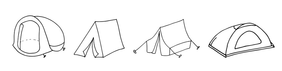 Set of Hand drawn tent doodle icon. Simple black stroke. Hiking, travel, camping. Sign symbol. Decoration element. White background. Isolated. Flat design.