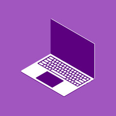 The laptop is in the isometric style, in violet color.