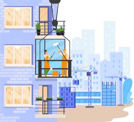 Workers cleaning balcony window outside building, vector illustration. Man and woman working in cleaning service, house maintenance. City high rise building construction site, people cleaners work