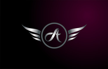 silver grey wings A letter alphabet logo design with metallic icon for business company
