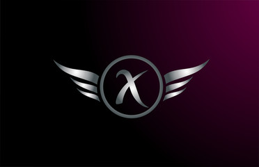 silver grey wings X letter alphabet logo design with metallic icon for business company