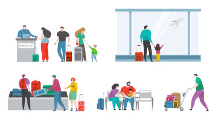 Fototapeta premium People with bags see airplane on window in modern terminal of airport hand drawn vector illustration isolated on white. Traveller with luggage sit on airport bench, carry baggage, heck in flight