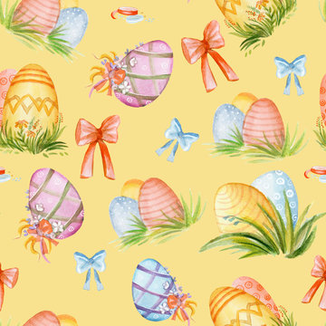 Colorful seamless pattern with easter concept. Easter watercolor pattern with easter eggs and ribbons isolated on yellow background. Srock illustration