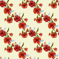  seamless pattern simple  red poppies. Scattered red flowers  vector pattern background