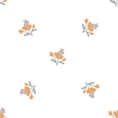 Seamless pattern with colorful hand drawn flowers. Original textile, wrapping paper, wall art surface design. Vector illustration. Floral simple minimalistic graphic design