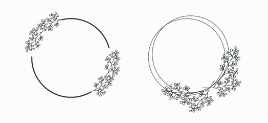 Set of round hand-drawn floral frames.