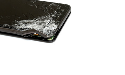 Smartphone with damaged screen isolated on white background