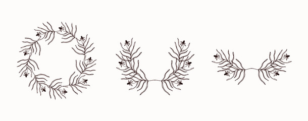 Set of hand-drawn floral frames, monograms and borders. Boho style design elements for wedding invitations, greeting cards