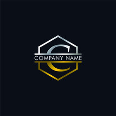 company logo vector of the letter C hexagon shape with silver and gold color