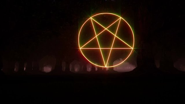 Occult satan sign star for print design. Death goat illustration. Wall background. Spooky dark forest 4k