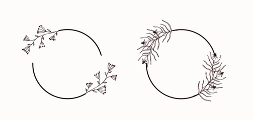 Set of round hand-drawn floral frames. Boho style design elements for wedding invitations, greeting cards