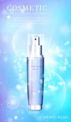 3D transparent glass cosmetic spray bottle with shiny glimmering background template banner.