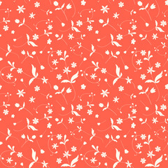 Seamless vector floral texture pattern with coral colored background for decoration, print, textile, fabric, stationery