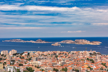 Panoramic aerial view of Marseilles skyline, islands and harbor, Marseille, the second largest city of France