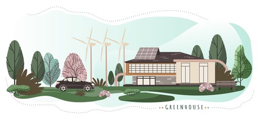 Eco friendly house with modern technologies, vector illustration. Renewable energy, sustainable power from wind turbines and solar panels. Modern house in natural environment, eco friendly lifestyle