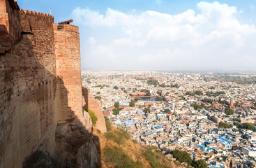 Fototapeta na wymiar Mehrangarh Fort Unesco world heritage site on the hill travel landmark for tourism, cityscape in Jodhpur or blue city, Rajasthan, India