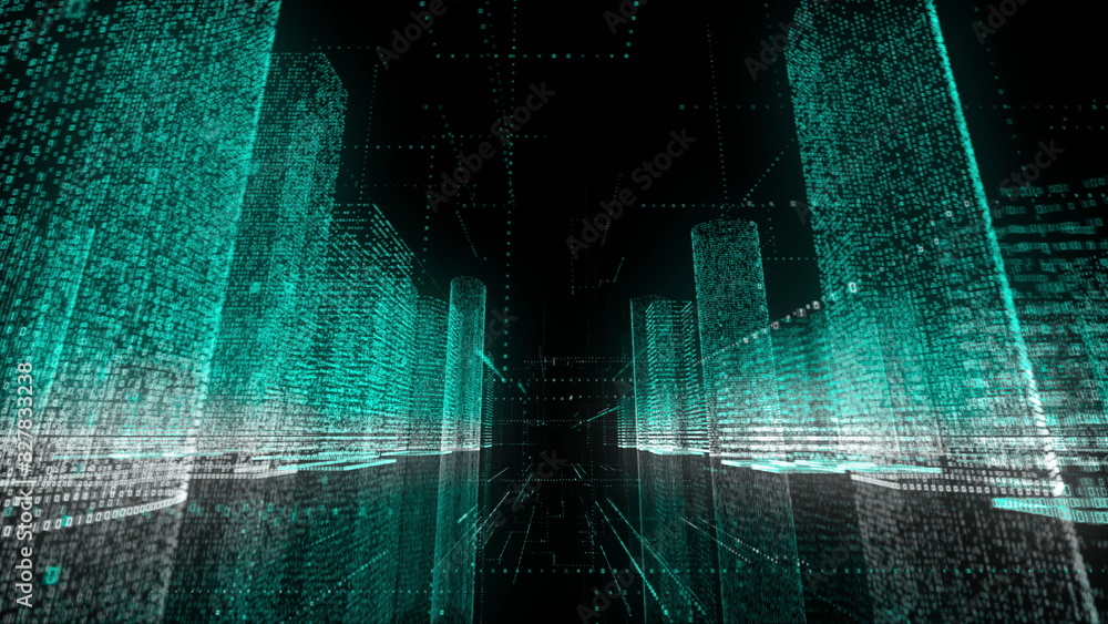 Poster flying through beautiful digital model of abstract modern city made of symbols and grids in azure an