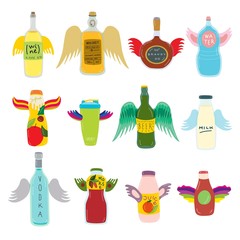 Flying bottle with wings for beverage on vector drinking hand drawn illustration isolated on white. Alcoholic, non-alcoholic drinks. Volant wine, whiskey, brandy and vodka. Yummy morse, milk, juice