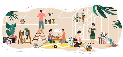 People in greenhouse, planting and watering decorative houseplants, vector illustration. Men and women cartoon character, gardening hobby cozy greenhouse. People growing houseplants and cacti together