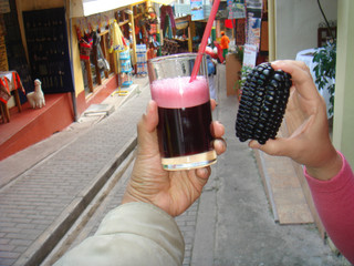 Purple corn drink or Chicha-Morada in Aguas Calientes, Machu Picchu, Andes area, Peru.