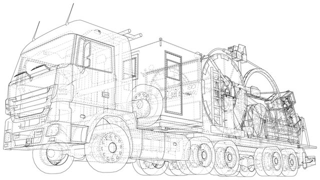 Wire-frame line coiled tubing truck isolated on white. Vector rendering of 3d.