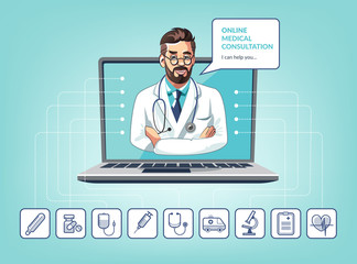 Vector illustration of medical online consultation with doctor using laptop. App concept with icons