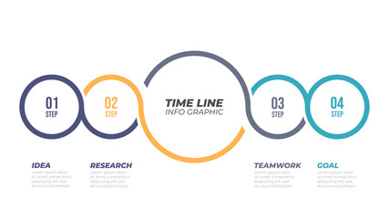 Timeline infographics label design with circles and 4 number options. Business processes steps can be used for workflow diagram, annual report, presentation, web design.