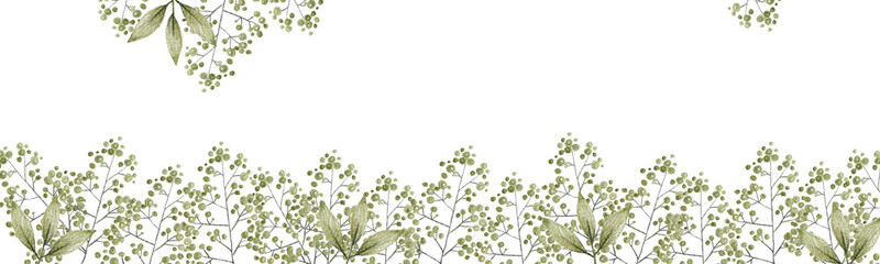 green and gray leaves branches and flowers, freehand drawing in pencil illustration, frame template for design of wedding invitations, background