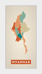 Myanmar poster. Map of the country with colorful regions. Shape of Myanmar with country name. Trendy vector illustration.