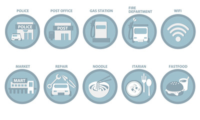 3/6青立体地図アイコン   青　白　旅行　観光　セット　イラスト　ベクター　アイコン　シンボル　クリップアート　旅行　地図　挿絵