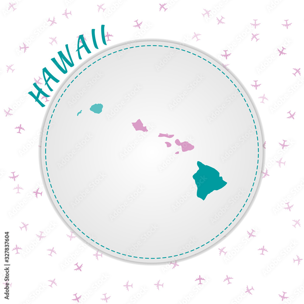 Poster hawaii map design. map of the us state with regions in emerald-amethyst color palette. rounded trave