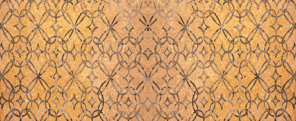 Old yellow brown mustard anthracite vintage shabby patchwork motif tiles stone concrete cement wall...