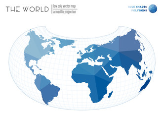 Fototapeta na wymiar Low poly world map. Armadillo projection of the world. Blue Shades colored polygons. Neat vector illustration.