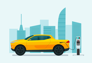 Electric pickup truck car on a background of abstract cityscape. Electric car is charging, side view. Vector flat illustration.