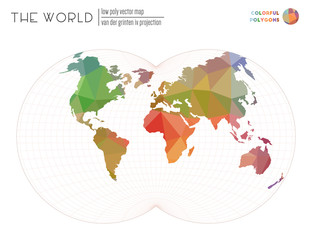 Low poly design of the world. Van der Grinten IV projection of the world. Colorful colored polygons. Neat vector illustration.