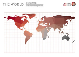 Low poly world map. Patterson cylindrical projection of the world. Red Grey colored polygons. Contemporary vector illustration.