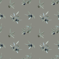 Watercolor hand drawn seamless pattern with olive tree branches with green and black fruit on trendy earthy hue isolated on beige background. Good for textile, wrapping paper, background, design etc.