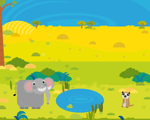 cartoon africa safari scene with cute wild animals by the pond illustration